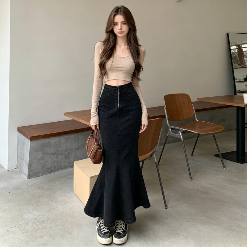 

Women Denim Skirts Ankle Length Mermaid Skirt Slim Fit Hip Wrap Zipper Elegant Splice High Street Work Casual Back Slit summer