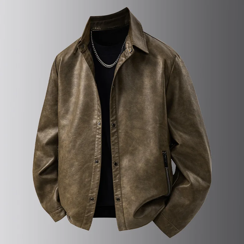 

Men's Casual Retro Leather Jacket Square-Neck Unique Fashionable Shirt for Spring Autumn 2025 Style