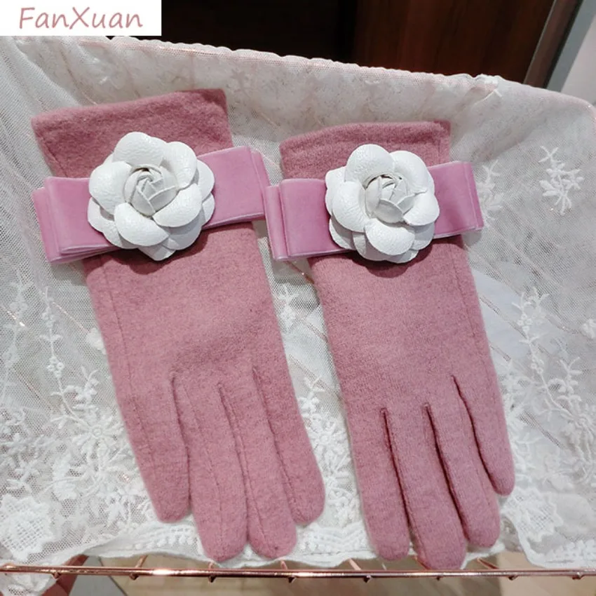女性用手袋-冬-秋-白-花柄-リボン付き-裏起毛-タッチスクリーン対応-ピンク-カーキ-グレー-ブラック-手袋-女性用