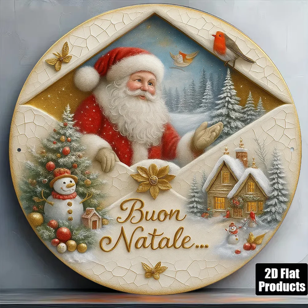 1pc 8 X 8 Inches/20 X 20 Cm 2D Flat Circular Sign, Vintage Plaque with Santa Claus And Snow Scene, Christmas Decoration Sign, Su