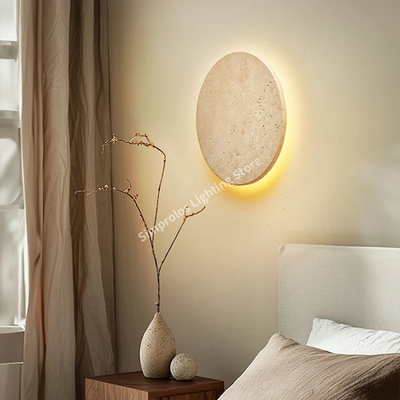 Natural Stone Bedroom Bedside LED Wall Sconce Wabi-Sabi Yellow Travertine Wall Light for Hallway Aisle Stair Home Deocr Lamp