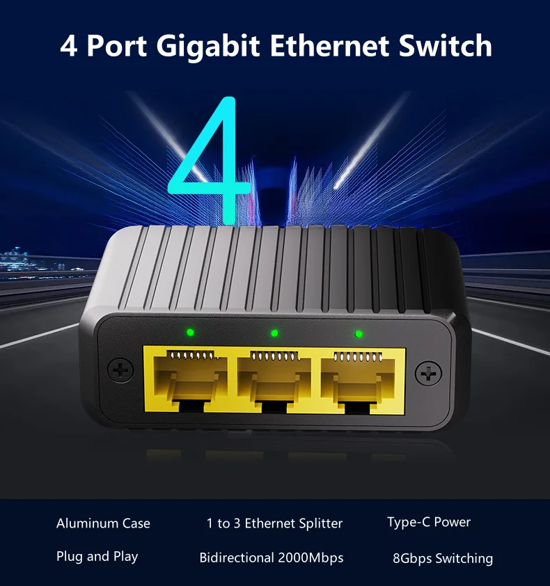 4 Port Gigabit Ethernet Switch , 1-to-3 Ethernet Splitter , Network Switch 1in3out1000Mbps  Hub for RJ45, Supports Cat5/5e/6/7/8