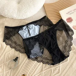 Spicy Low Waist Lace Panties Transparent Bow Seamless Lace Briefs Ultra-thin Lingerie Women's Mesh Underpants Female