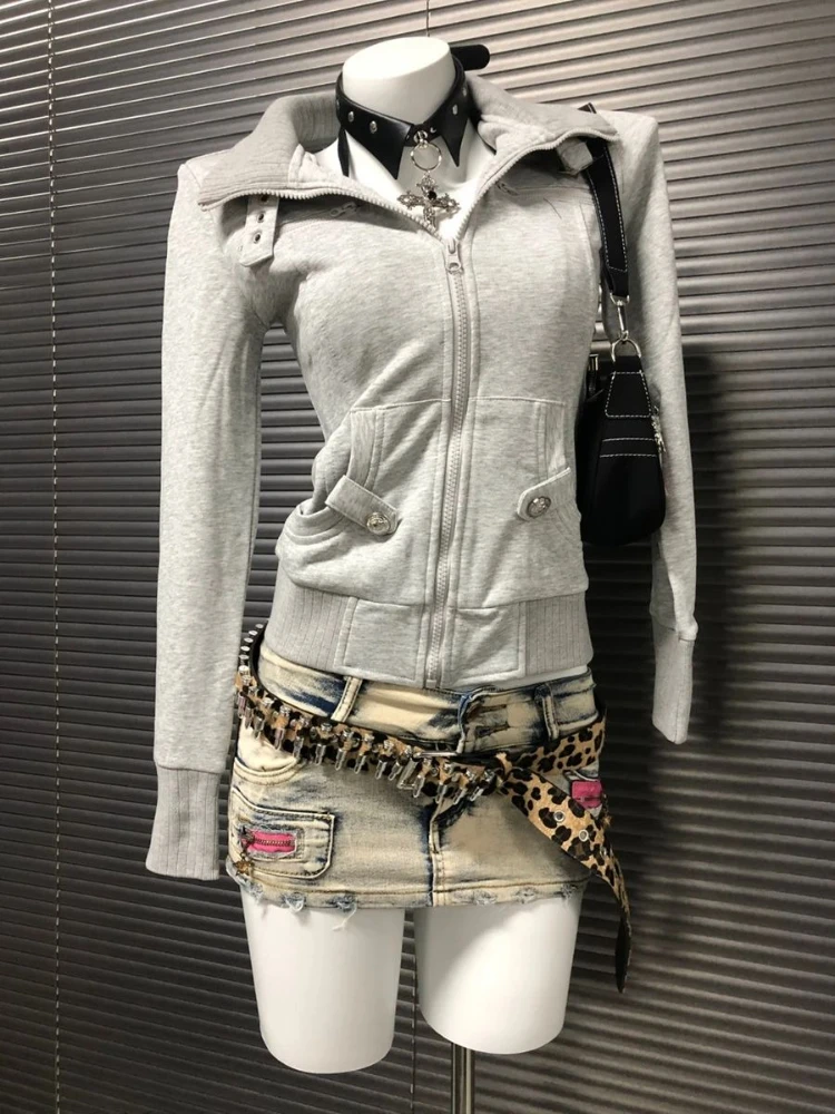 

Винтажное тонкое пальто Y2k 2000-х годов, женское уличное пальто в стиле гранж на молнии, куртка с воротником-стойкой, осень-зима, новая модная одежда в стиле панк