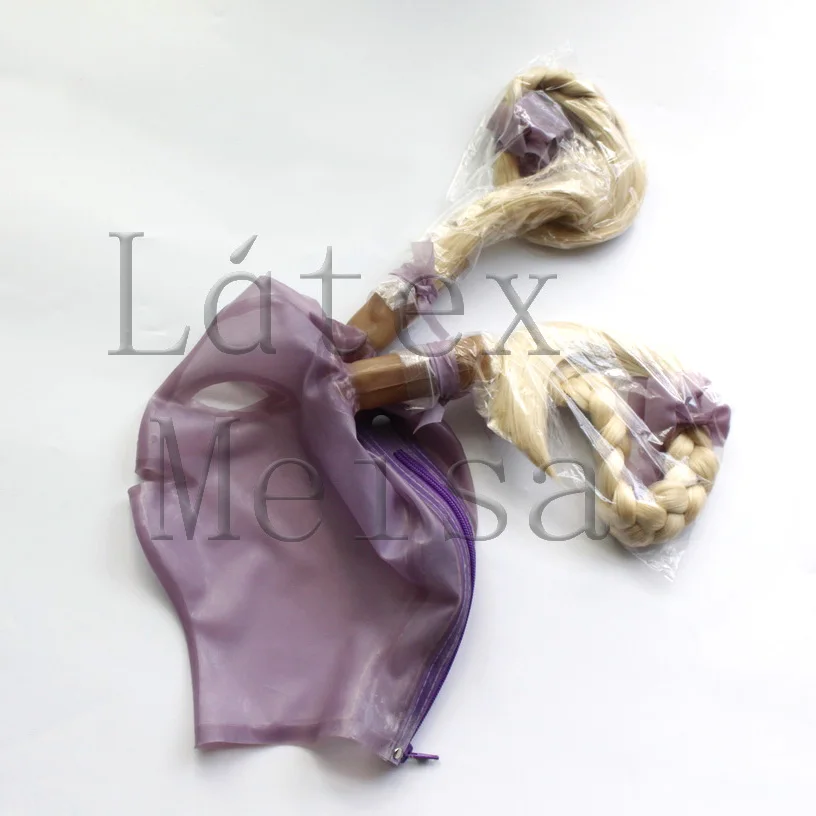 Transparent purple latex hood with wig hairs decorations and attached back zipper design