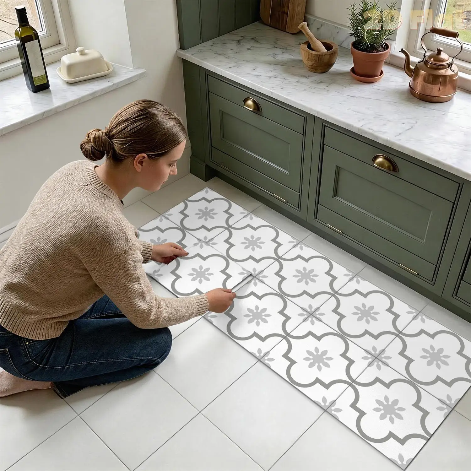 

Grey White Floral Tile Floor Stickers, 20/30cm peel and stick floor tiles waterproof,Vinyl Stickers for Kitchen Bathroom Decor
