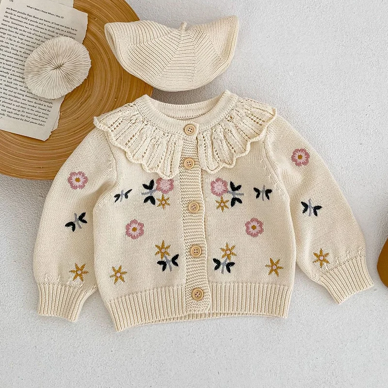 

2024 New Spring Infant Baby Girl Knitting Cardigan Long Sleeved Flower Embroidery Toddler Baby Sweater Coat Children Clothes