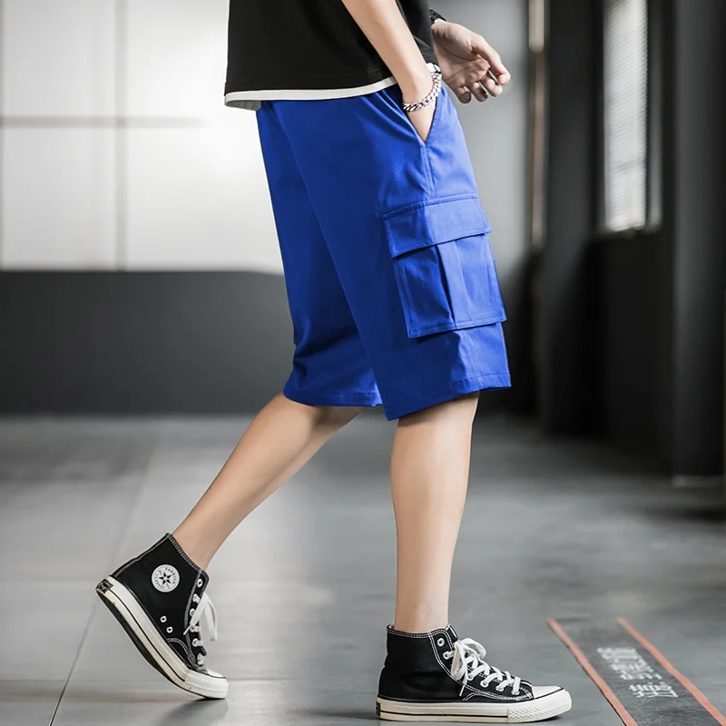 

Мужские летние хлопковые шорты с эластичной веревкой на талии, спортивные повседневные свободные брюки с пятью точками, рабочая одежда с несколькими карманами, прямые брюки