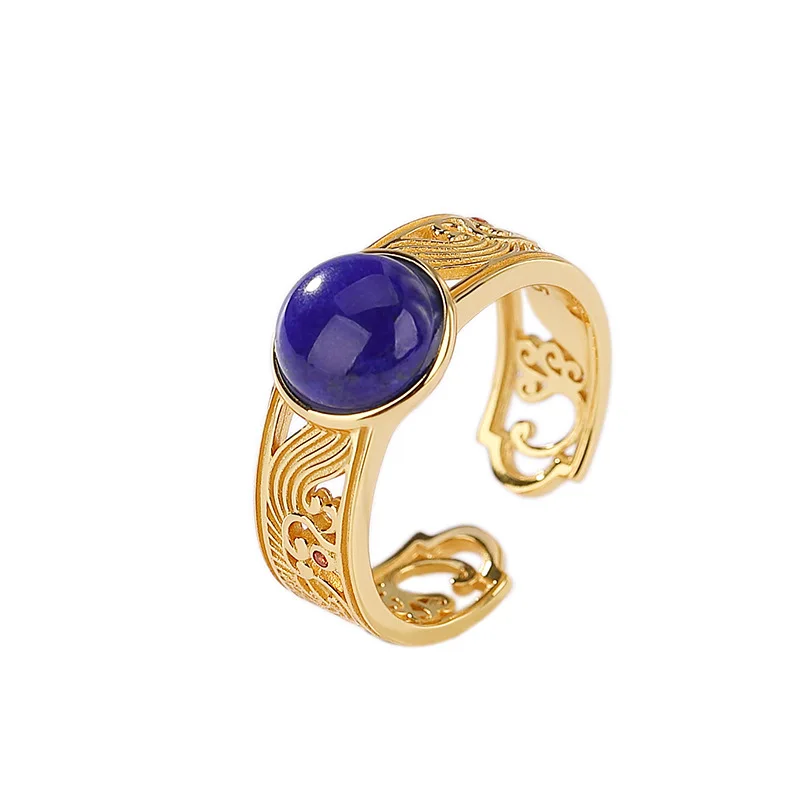 BOCAI S925 Sterling Silver Rings for Women New Fashion Round Lapis Lazuli Hollow Spindrift Pattern Adjustable Ring Jewelry