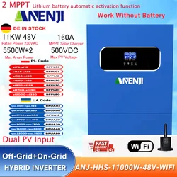 11KW Hybrid Solar Inverter 48V 230VAC Photovoltaic Inverter Off Grid Tie Built in 160A Dual MPPT Solar Charge Controller PV 500V