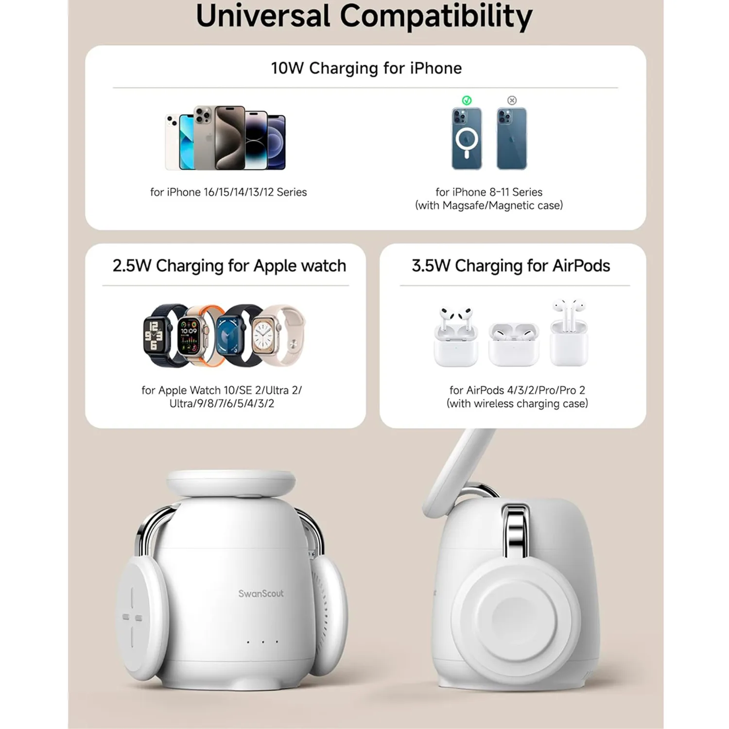 Swanscout-Station de charge magnétique sans fil, 707m, support de chargeur pour iPhone 16, 15, 14, 13, 12, Apple Watch 2-10 SE, AirPods 4