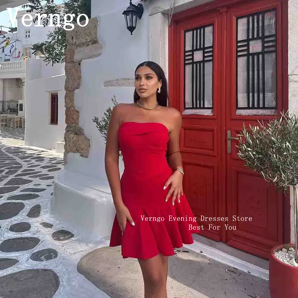 

Verngo Red Crepe Mini Party Dress For Women Strapless A Line Simple Cocktail Dress For Women Formal Spain Short Prom Dress