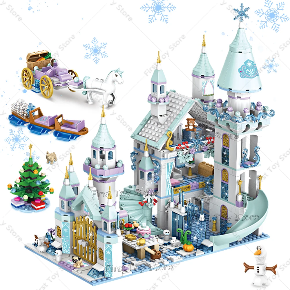 Friends Princess Luxury Ice Castles Playground House Movies Winter Snow Horse Figures Building Blocks Set Toy for Girls DIY Gift