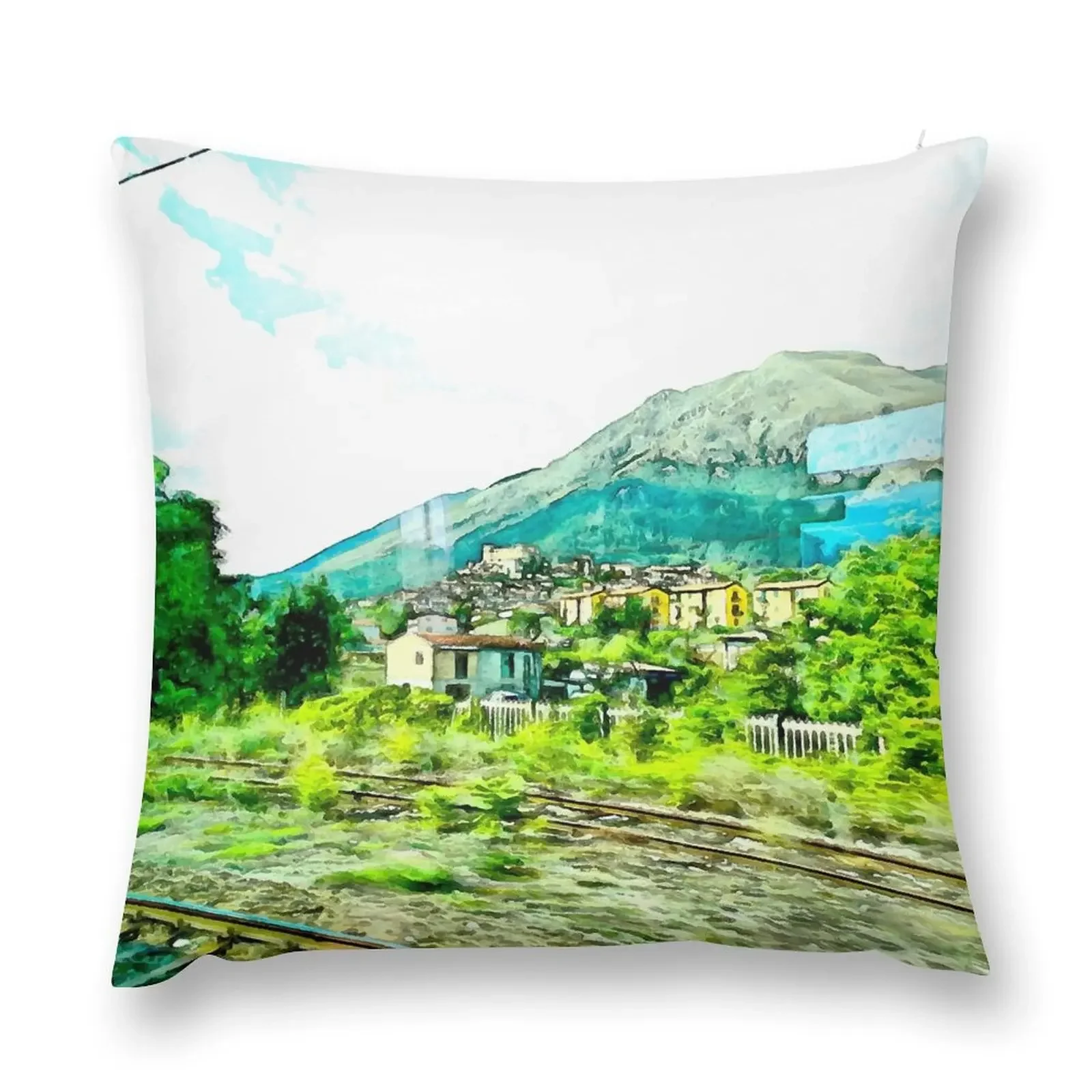 Landscape with tracks from train window with Celano city Throw Pillow Sofa Cushion Cover Marble Cushion Cover pillow