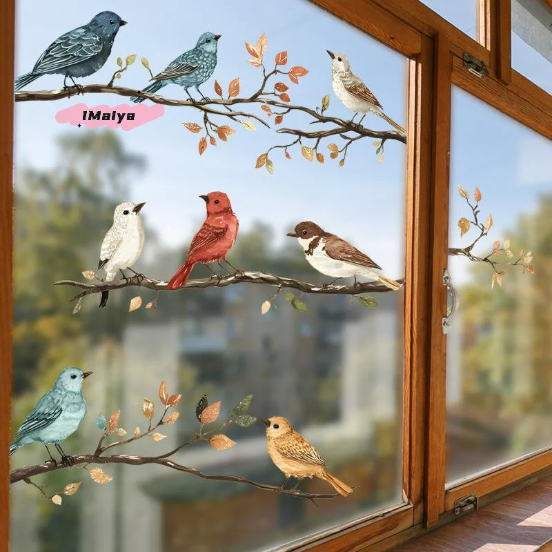 M-1Pc Watercolor Simulation Bird Branches Window Stickers Removable For Bedroom Home Decoration