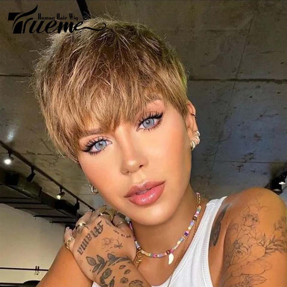 

Trueme Pixie Human Hair Wigs Colored Brazilian Human Hair Wig For Women Ombre Blonde Burgundy Short Pixie Cut Full Machine Wig