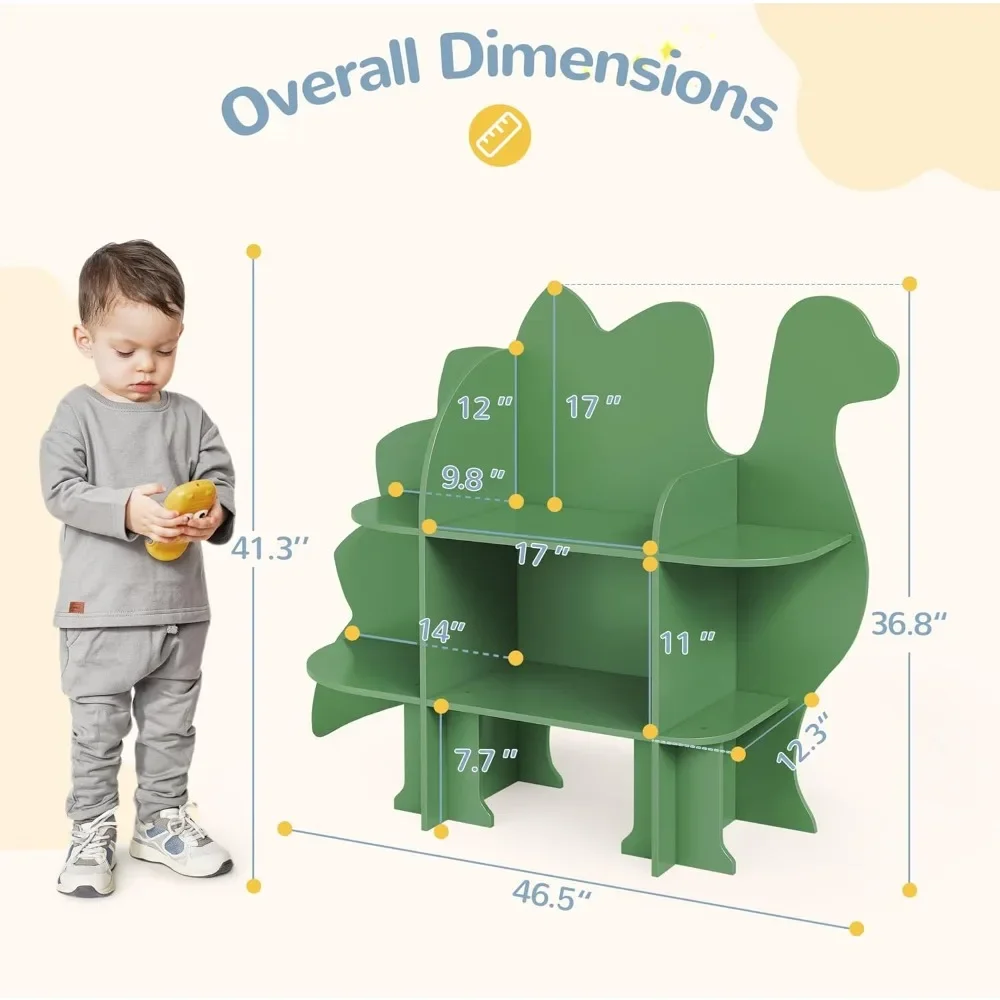 Rak Buku Anak Dinosaurus, Rak Buku 2 Tingkat untuk Anak, Rak Buku Bayi dan Penyimpanan Mainan, Rak Buku Anak Kayu, Rak Buku Balita