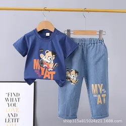 2025 New Children's Set boys Summer Cartoon Printed Short Sleeve+Cowboy Pants Infant Fashion Set 0-4 Years Old