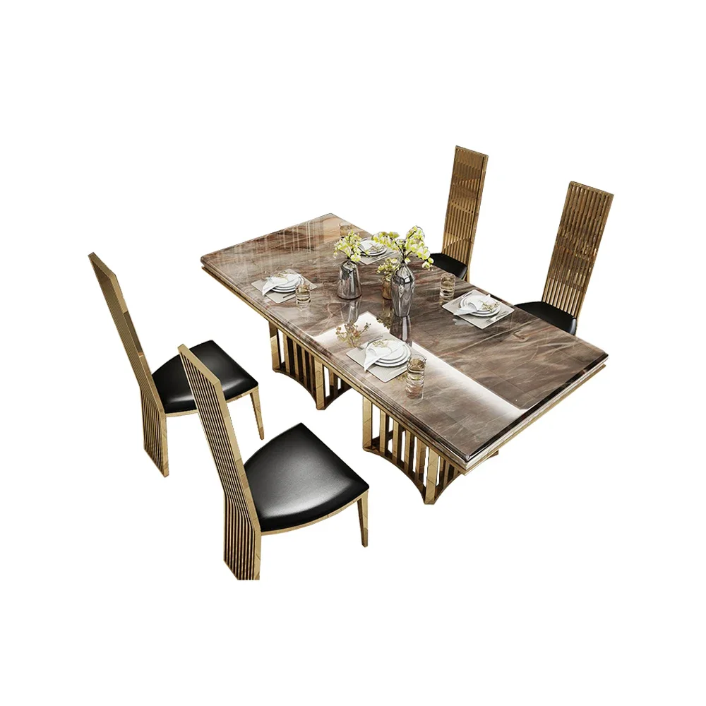 

Luxury Marble Dining Table and 4 Chairs Set Sticking Seashells In Stainless Steel Gold Color for Elegant Home Decoration