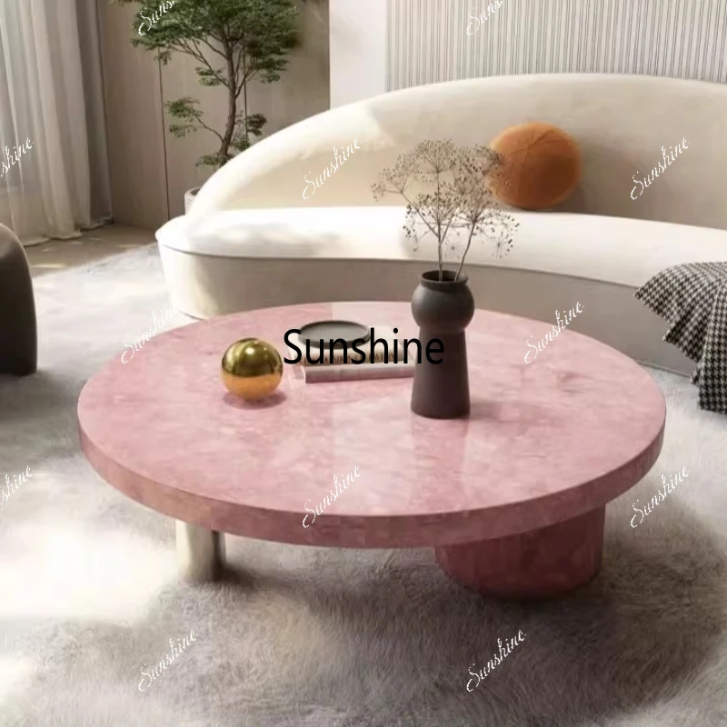Italian simple European pink natural, coffee table design, round living room coffee table art