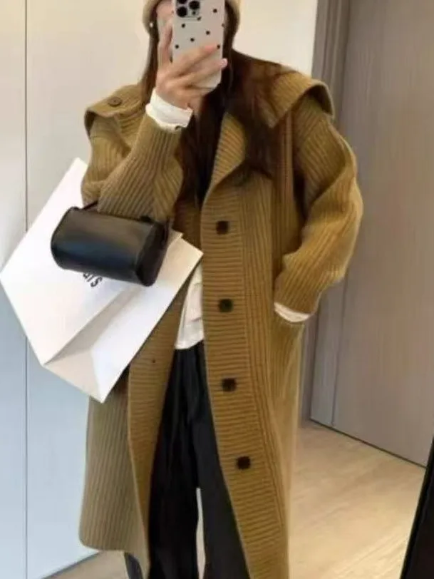 Suéter Cárdigan Abierto con Capucha de Punto para Mujer, Estilo Hoado, Largo Medio, para Primavera, Otoño e Invierno, Nuevo...