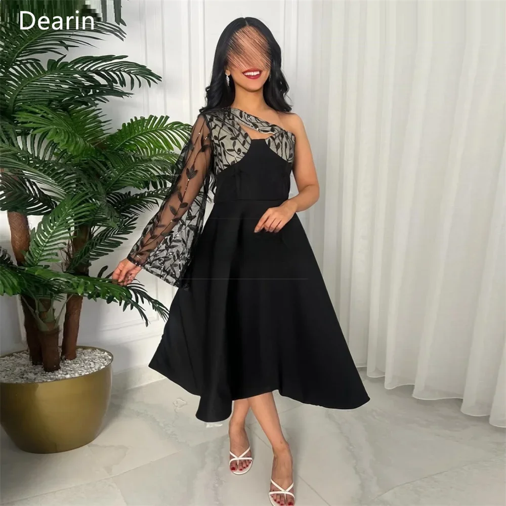 Customized Evening Dress Prom Gown Formal Party Occasion YPMWZX One-shoulder A-line Tea Length Skirts Draped Tulle Print Bespoke