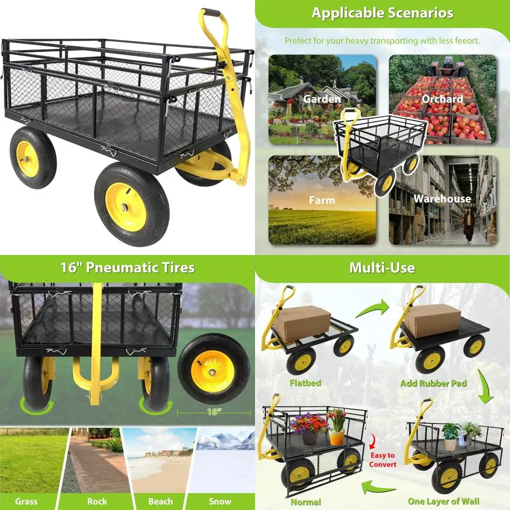 

Heavy-Duty Steel Garden Cart with 1400 lbs Capacity, Removable Mesh Sides for Flatbed Conversion, Utility Metal Wagon