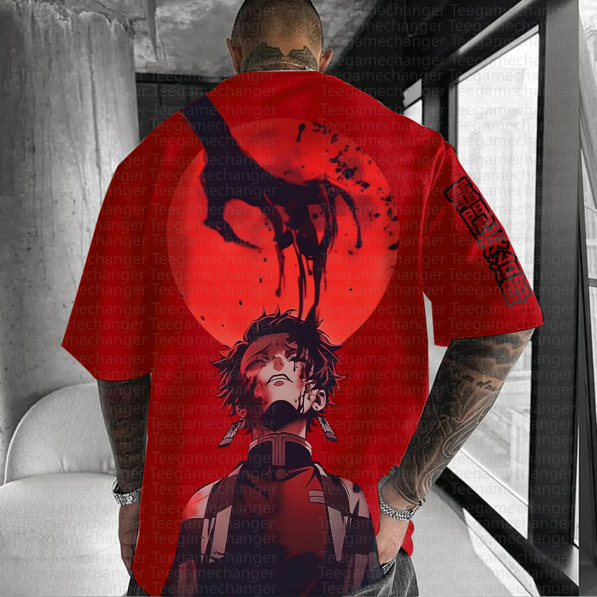 Conjunto de camiseta de algodón rojo Demon Slayer estampado trasero Tanjiro Kamado círculo rojo patrón de sol pecho frontal Kanji ropa de calle informal