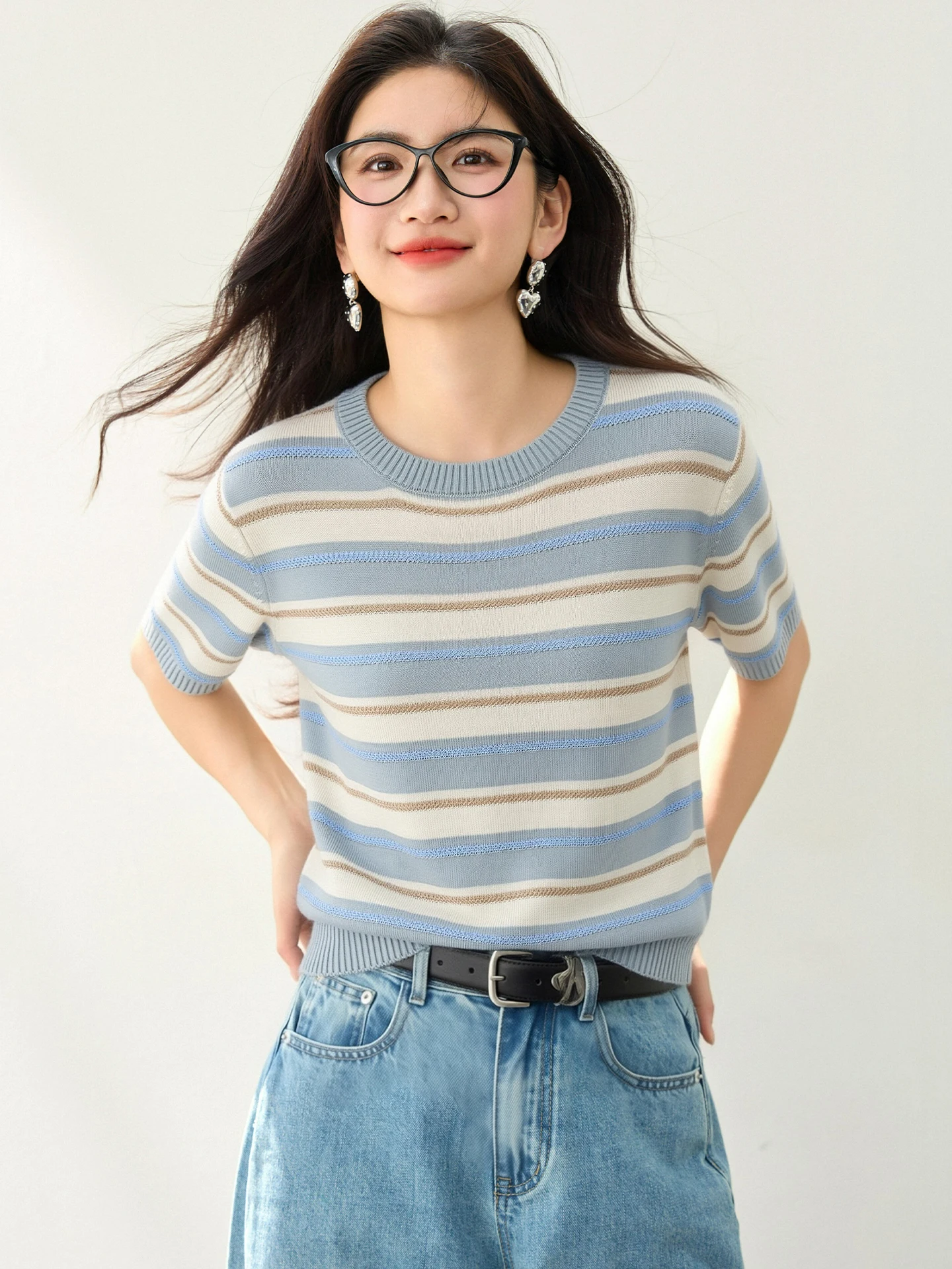 

2026 Summer New Fashion Round Neck Striped Short Sleeve T-Shirt Sweet Loose Comfortable Crop Top Daily Commute Short Sleeve Top