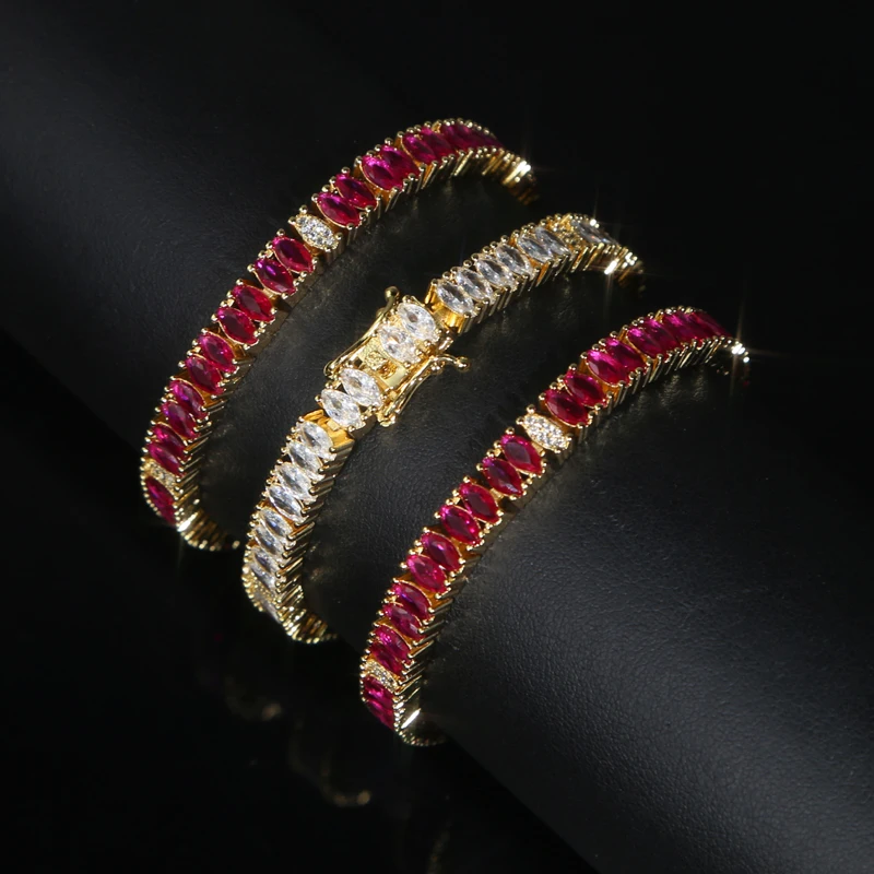 

2023 Classic Marquise CZ Tennis Bracelet for Women Red White Stone Jewelry with 17cm Gold Plated Color Party