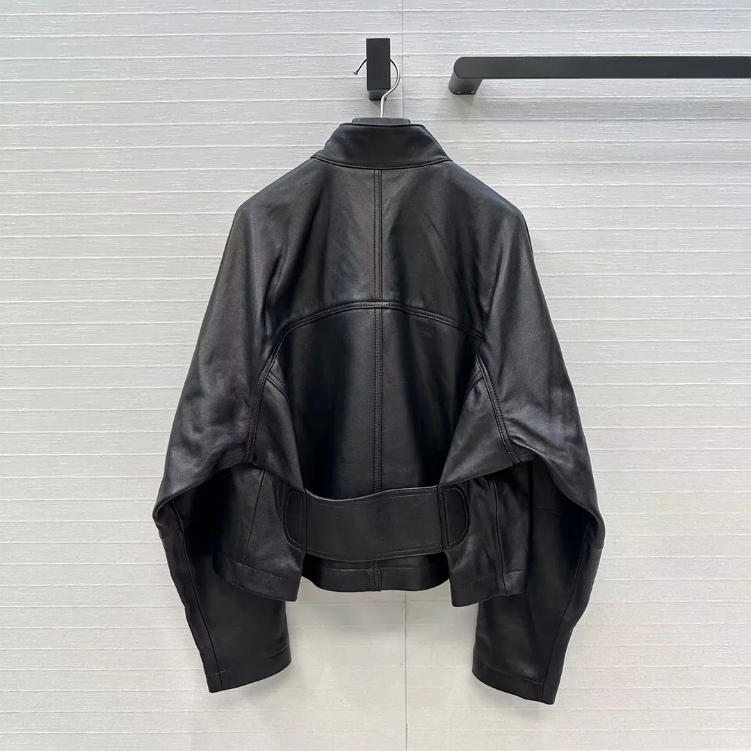 最高品質 100% 羊革ジャケット レディース スタンドカラー ジッパー ラグラン袖 ブラック バックワイドベルト レトロ 本革 ショートコート