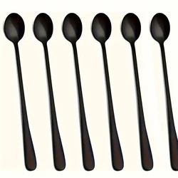 6pcs Black Long Handle Iced Tea Spoons Stainless Steel Coffee Spoon Cocktail Stirring Spoon Kitchen Tools（7.87in)