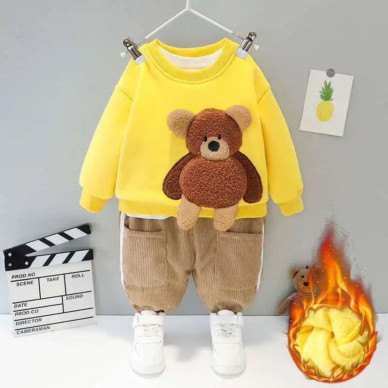 

Baby boy clothes autumn winter plus velvet warm thickening suit boys and girls cartoon bear sweater + corduroy pants baby 2pcs