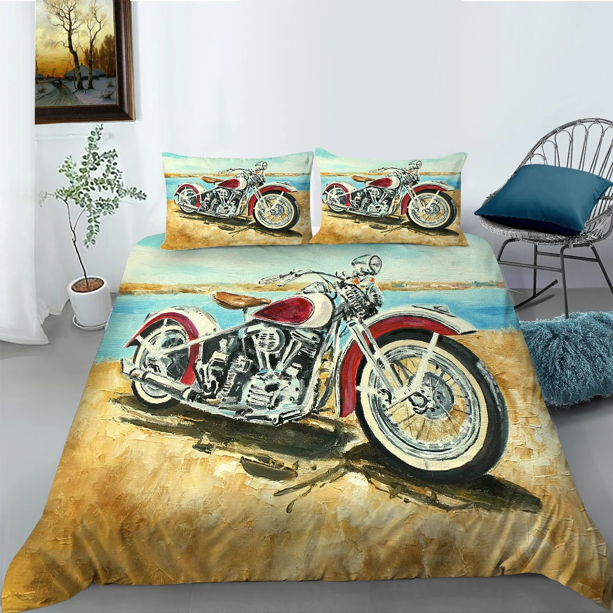 Motorcycle Bedding Set King/Queen Size,Motocross Racer Duvet Cover Extreme Sport Theme Polyester Quilt Cover for Teens Boys Man