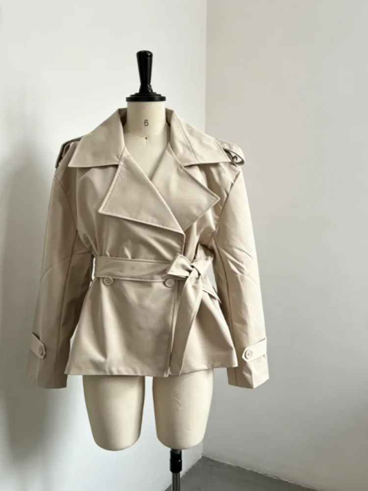 Damen Vintage Khaki Schnür-Trenchcoats, locker sitzende Jacken mit Umlegekragen und langen Ärmeln, lässige Herbst-Streetwear für Damen – Detail 2