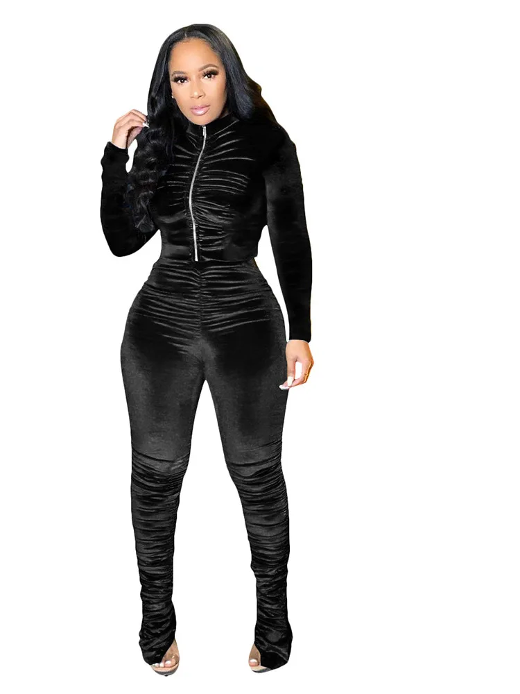 Faion Pleated Casual Long Sve Suit Women's Sli Folded up Top And Pants Ensemble Autumn Collection round Ne Two-Pie...