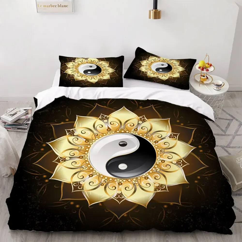 Yin Yang Mandala Bohemian Lotus Tai Chi Bagua Comfortable Duvet Quilt Cover Pillowcase Bedding Set Children Bedroom Decoration