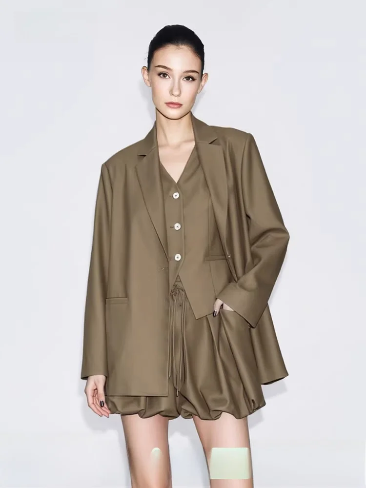

i Spring New Sle Women's Suit oulder Pad Embroidery Letter Casual Loose Fit Mid-Length Single Button Long Sve Coat