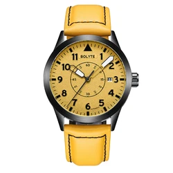 Automatic Mechanical Men's Business Watch Classic Timepiece Leather Strap Yellow Dial Date Calendar Male Daily Dress Wristwatch