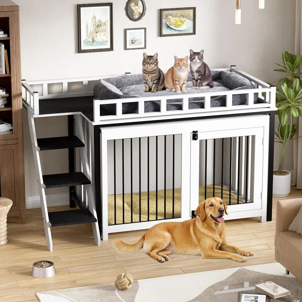 

Crate Furniture, Pet Bunk Bed with Stairs and Storage, Dogs/Cats Window Perch, Multi-Purpose Blanket and Fluffy Dog Bed for Smal