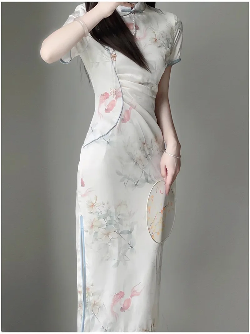 Women Sweet Beige Cheongsam Chinese Style Female Long Dress Vintage Slim Qipao Short Sleeve Evening Dresses for Summer S2590