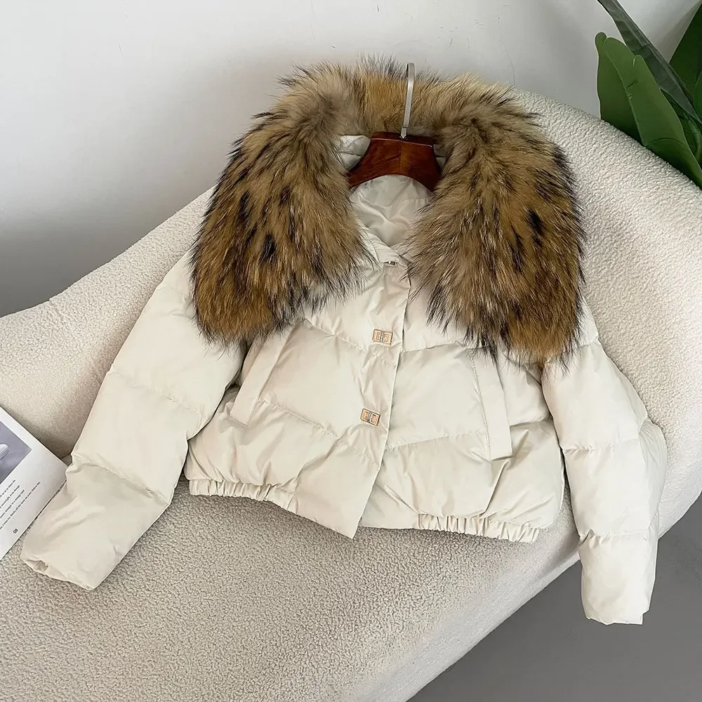 2024 New European Fashion White Duck Down Winter Coat Women Real Raccoon Fur Jacket Female Warm Down Jacket for Winter Autumn