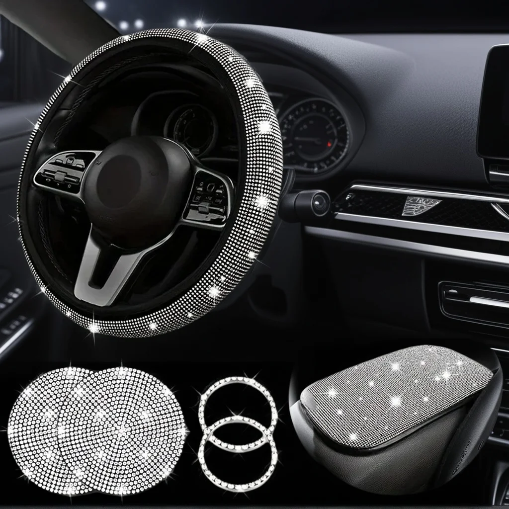 ​​7-Piece Glittering Car Steering Wheel Set - Diamond Auto Accessories Kit​​