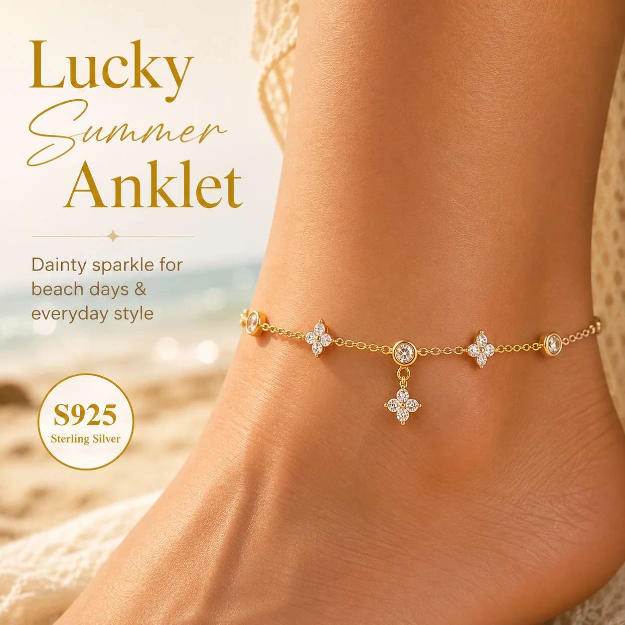 S925 Silver Anklets for Women Waterproof 14K Gold Plated Cz Dainty Summer Flower Charm Anklet Non Tarnish Beach Jewelry Gifts
