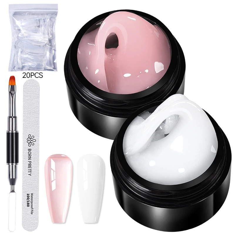 

BORN PRETTY 15ml Non Stick Hand Extension Nail Polis Set Acrylic Brush False Nail Tips Nude Cear Milky White Building Nail Kit,