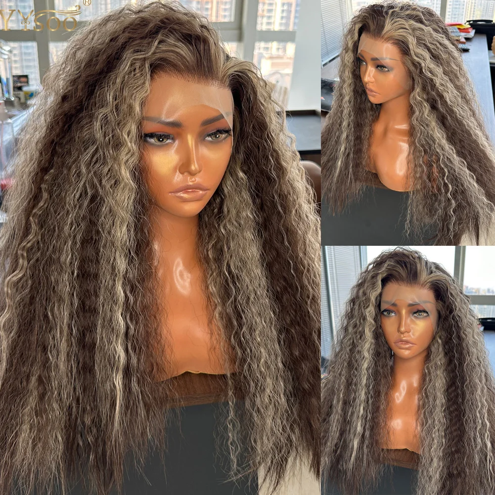 Long Kinky Straight 13x4 Futura Synthetic Lace Front Wigs for Women Highlight Color Natural Hairline Glueless Half Hand Tied Wig