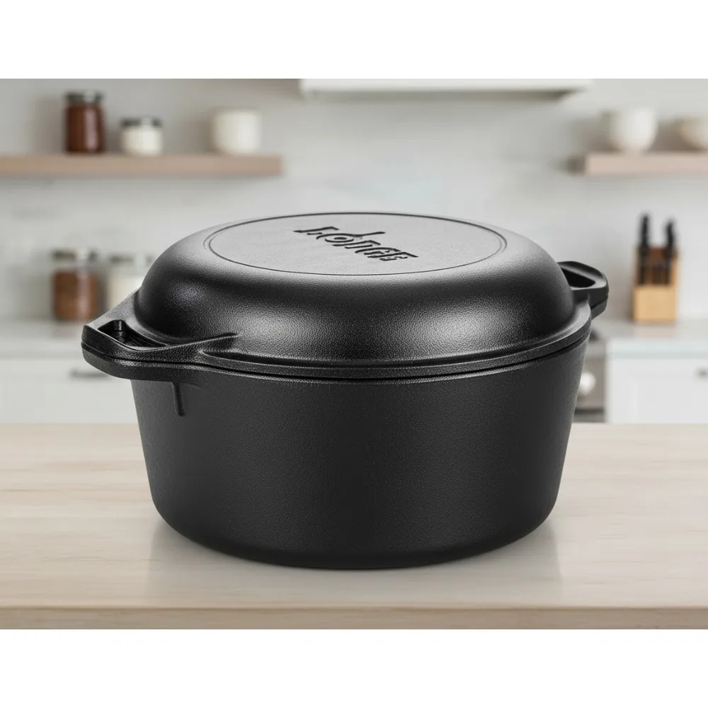 

5QT Cast Iron Dutch Oven with Skillet Lid - PFAS-Free Non-Toxic Cookware for Baking, Roasting & Camping