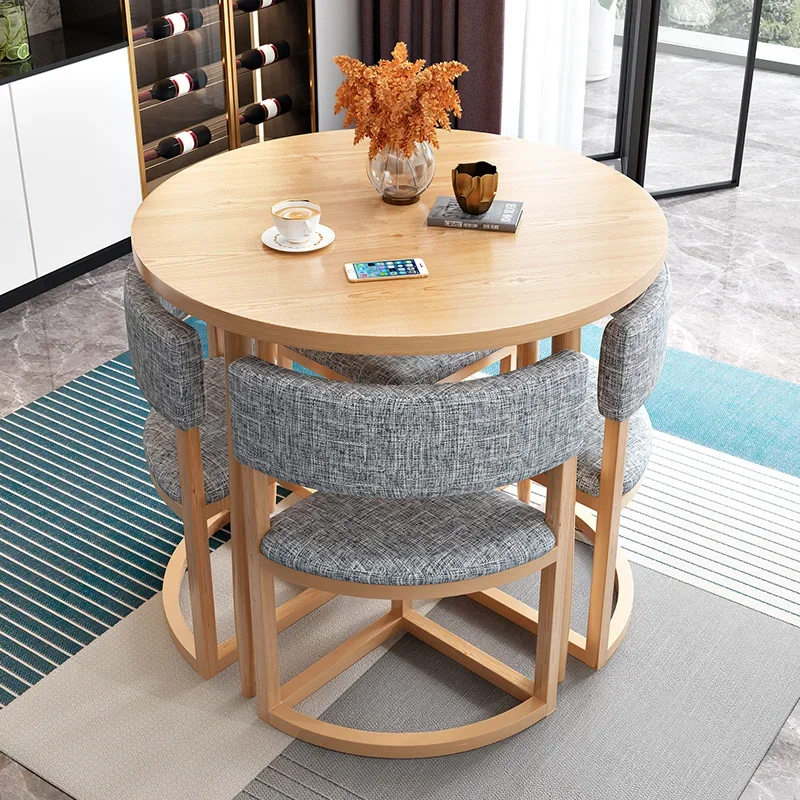 Round Mobile Dining Tables Set Kitchen 4 Chairs Center Wood Table Extendable Luxury Floor Mesa Comedor Home Furniture