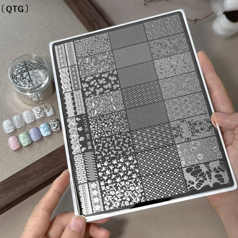 〔QTG〕1Pcs Lace Texture Plus Nail Art Printing Steel Plate – Exquisite Floral Mesh Lace Border DIY Transfer Tool