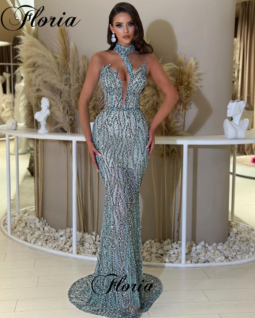 Simple Blue Sequined Cocktail Dresses Halter Sleeveless Formal Occasion Dresses Prom Dresses Robes De Bal Host Dresses 2023